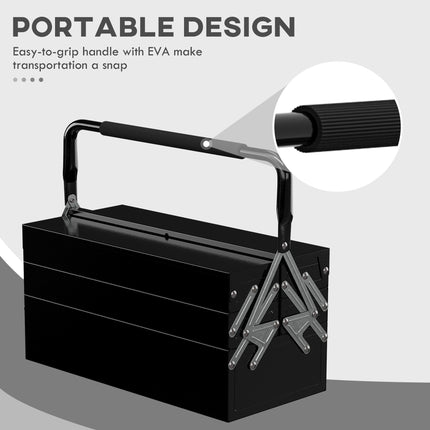 3 Tier 5 Tray Metal Toolbox 45x22.5x34.5cm Portable with Carry Handle - Black