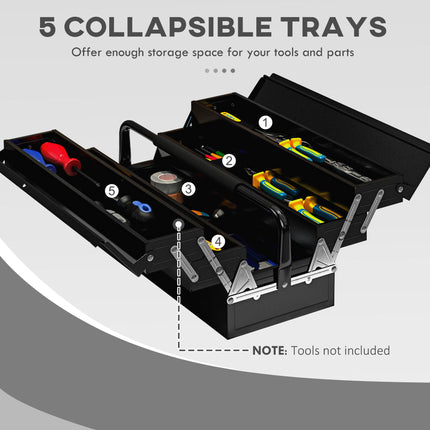 3 Tier 5 Tray Metal Toolbox 45x22.5x34.5cm Portable with Carry Handle - Black