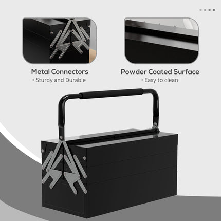 3 Tier 5 Tray Metal Toolbox 45x22.5x34.5cm Portable with Carry Handle - Black