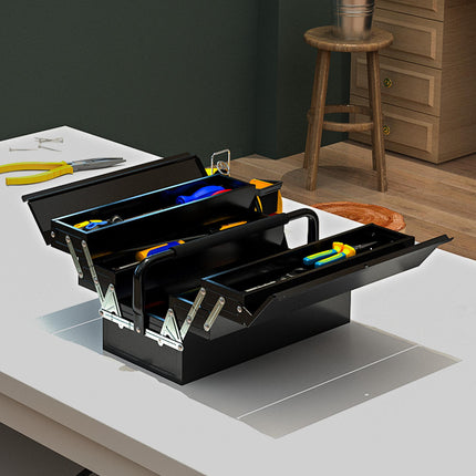 3 Tier 5 Tray Metal Toolbox 45x22.5x34.5cm Portable with Carry Handle - Black