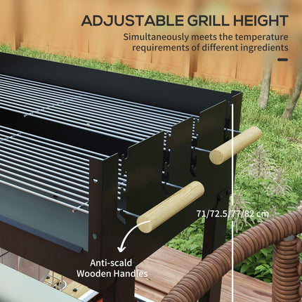 Charcoal BBQ Grill, Barbecue Trolley with Double Adjustable Grill, Side Table, Storage Shelf and Wheels for Outdoor Garden Party Cooking, Black