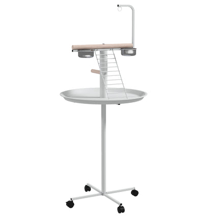Bird Stand with Four Wheels, Stainless Steel Feed Bowls, Perches & Round Tray for Indoor Outdoor Use - White
