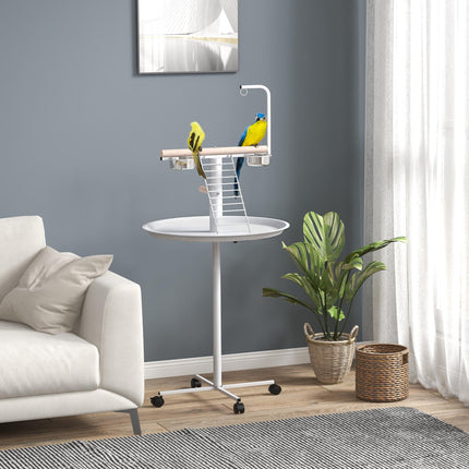 Bird Stand with Four Wheels, Stainless Steel Feed Bowls, Perches & Round Tray for Indoor Outdoor Use - White