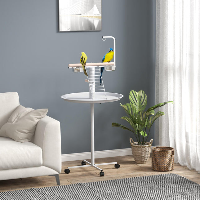 Bird Stand with Four Wheels, Stainless Steel Feed Bowls, Perches & Round Tray for Indoor Outdoor Use - White