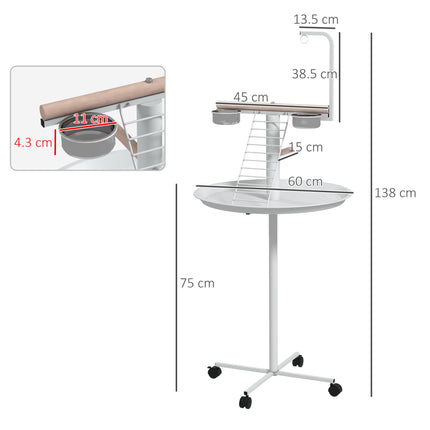 Bird Stand with Four Wheels, Stainless Steel Feed Bowls, Perches & Round Tray for Indoor Outdoor Use - White