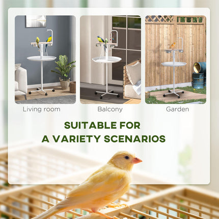 Bird Stand with Four Wheels, Stainless Steel Feed Bowls, Perches & Round Tray for Indoor Outdoor Use - White