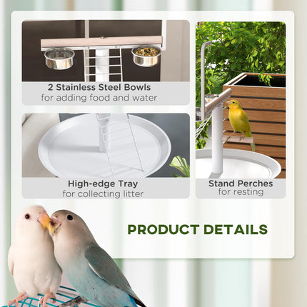 Bird Stand with Four Wheels, Stainless Steel Feed Bowls, Perches & Round Tray for Indoor Outdoor Use - White