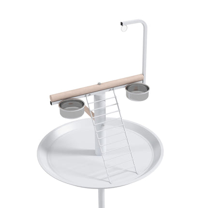 Bird Stand with Four Wheels, Stainless Steel Feed Bowls, Perches & Round Tray for Indoor Outdoor Use - White