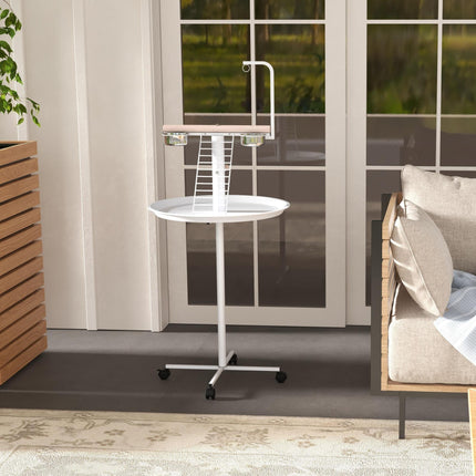 Bird Stand with Four Wheels, Stainless Steel Feed Bowls, Perches & Round Tray for Indoor Outdoor Use - White