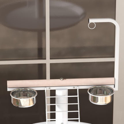 Bird Stand with Four Wheels, Stainless Steel Feed Bowls, Perches & Round Tray for Indoor Outdoor Use - White