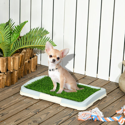 Portable Puppy Training Pad with Artificial Grass, Grid Panel & Tray 46.5 x 34cm - Blue White Green