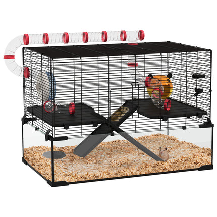Gerbil Cage for Dwarf Hamsters with Deep Glass Bottom, Tunnels, Ramps, Exercise Wheel & Hut - Black