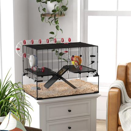Gerbil Cage for Dwarf Hamsters with Deep Glass Bottom, Tunnels, Ramps, Exercise Wheel & Hut - Black