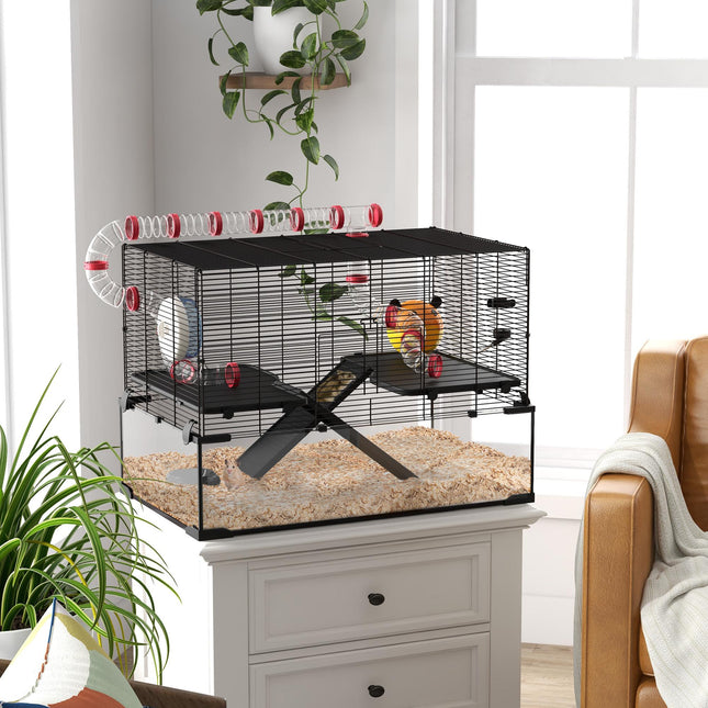 Gerbil Cage for Dwarf Hamsters with Deep Glass Bottom, Tunnels, Ramps, Exercise Wheel & Hut - Black