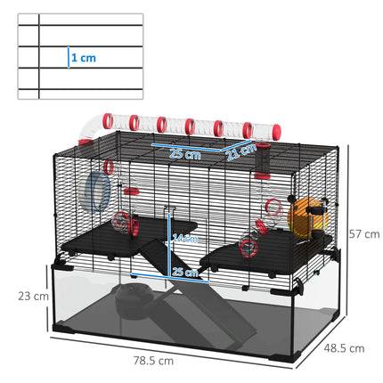 Gerbil Cage for Dwarf Hamsters with Deep Glass Bottom, Tunnels, Ramps, Exercise Wheel & Hut - Black