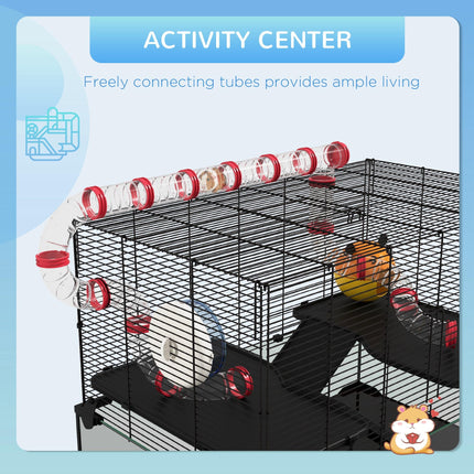 Gerbil Cage for Dwarf Hamsters with Deep Glass Bottom, Tunnels, Ramps, Exercise Wheel & Hut - Black
