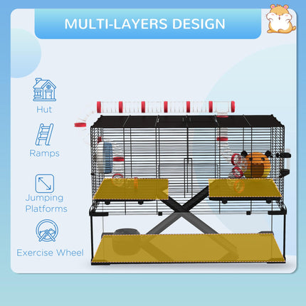Gerbil Cage for Dwarf Hamsters with Deep Glass Bottom, Tunnels, Ramps, Exercise Wheel & Hut - Black