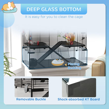 Gerbil Cage for Dwarf Hamsters with Deep Glass Bottom, Tunnels, Ramps, Exercise Wheel & Hut - Black