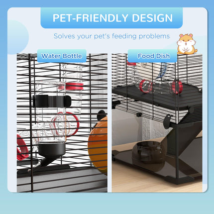 Gerbil Cage for Dwarf Hamsters with Deep Glass Bottom, Tunnels, Ramps, Exercise Wheel & Hut - Black