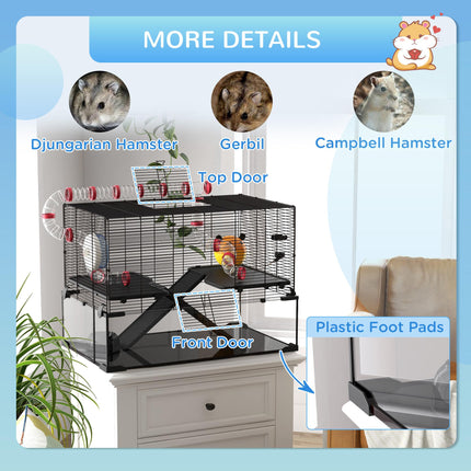 Gerbil Cage for Dwarf Hamsters with Deep Glass Bottom, Tunnels, Ramps, Exercise Wheel & Hut - Black