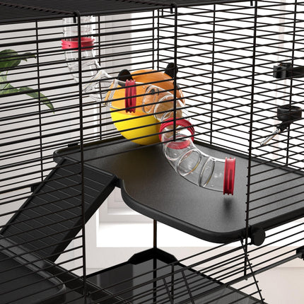Gerbil Cage for Dwarf Hamsters with Deep Glass Bottom, Tunnels, Ramps, Exercise Wheel & Hut - Black