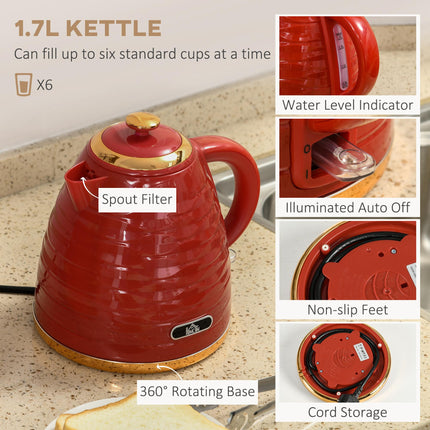 2 Piece 1.7L Kettle and 4-Slice Toaster Set 3000W Rapid Boil - Red