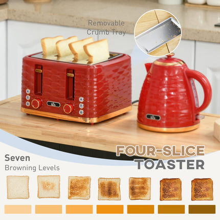 2 Piece 1.7L Kettle and 4-Slice Toaster Set 3000W Rapid Boil - Red