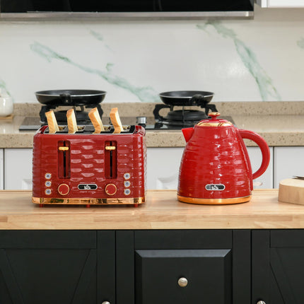 2 Piece 1.7L Kettle and 4-Slice Toaster Set 3000W Rapid Boil - Red