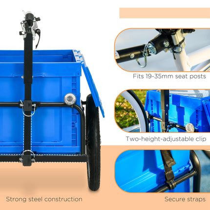 Steel Bike Cargo Trailer with 65L Foldable Storage Box, Reflectors, 40KG Load Capacity - Blue
