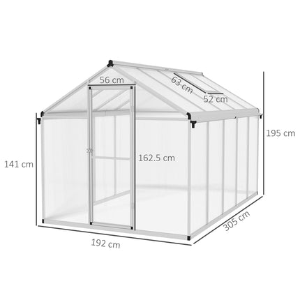 10 x 6ft Aluminium Polycarbonate Greenhouse Set with Rain Gutters - Clear