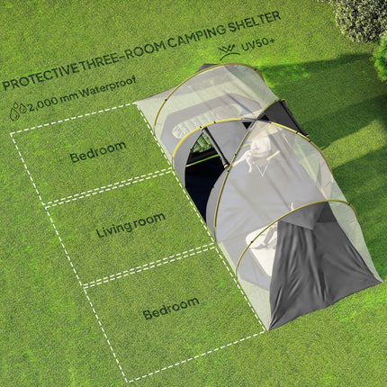 4 Person Waterproof Tunnel Tent with Two Bedrooms and Vestibule - Green