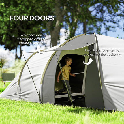 4 Person Waterproof Tunnel Tent with Two Bedrooms and Vestibule - Green