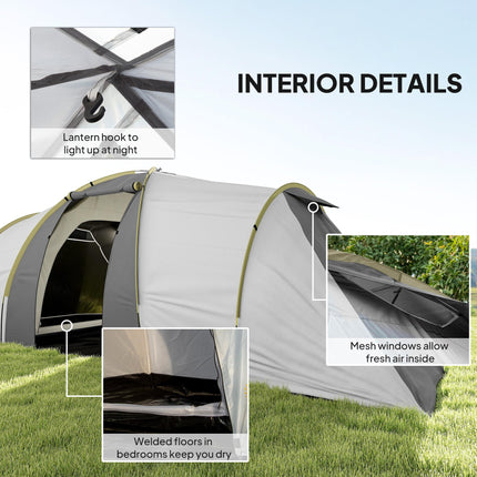 4 Person Waterproof Tunnel Tent with Two Bedrooms and Vestibule - Green