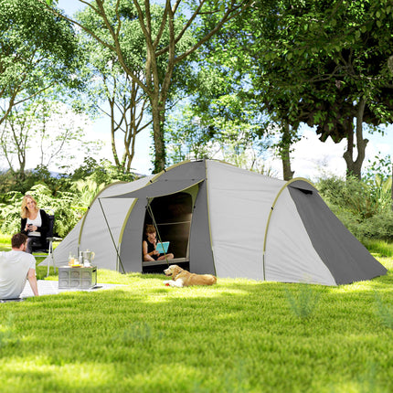 4 Person Waterproof Tunnel Tent with Two Bedrooms and Vestibule - Green