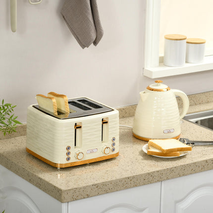 2 Piece 3000W Electric Kettle and 4-Slice Toaster Set with Browning Controls - Beige