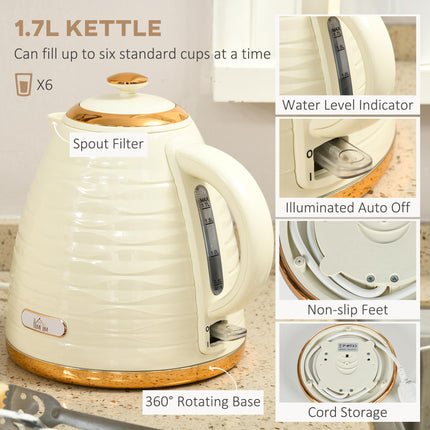 2 Piece 3000W Electric Kettle and 4-Slice Toaster Set with Browning Controls - Beige