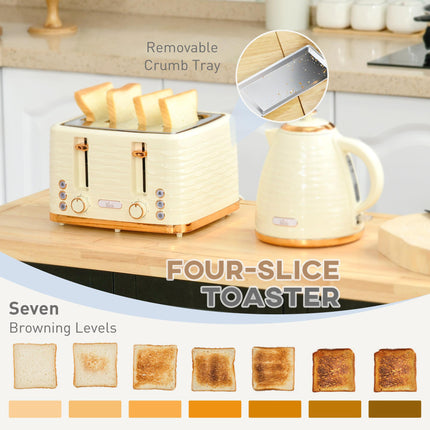 2 Piece 3000W Electric Kettle and 4-Slice Toaster Set with Browning Controls - Beige