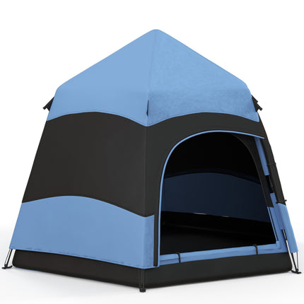 4-Person Double Layer Hexagon Dome Pop Up Camping Tent with Rainfly and Welded Floor - Blue and Black