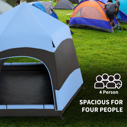 4-Person Double Layer Hexagon Dome Pop Up Camping Tent with Rainfly and Welded Floor - Blue and Black