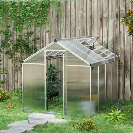 8 x 6ft Polycarbonate Greenhouse with Door and Rain Gutters - Clear