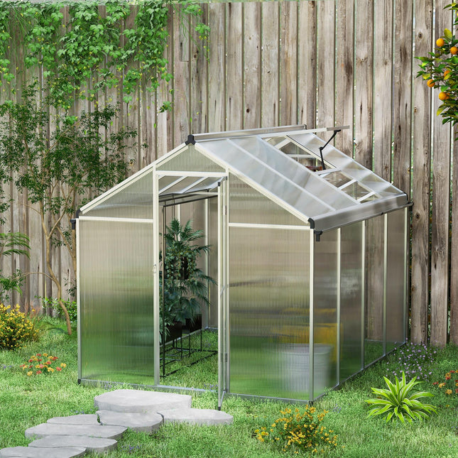 8 x 6ft Polycarbonate Greenhouse with Door and Rain Gutters - Clear