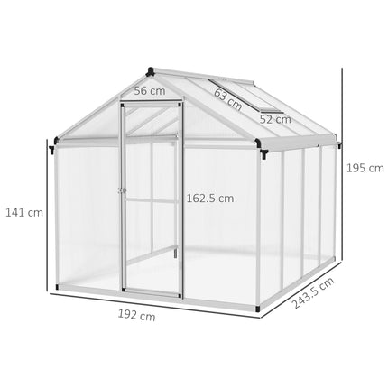 8 x 6ft Polycarbonate Greenhouse with Door and Rain Gutters - Clear