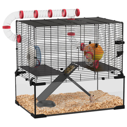 Gerbil and Dwarf Hamster Cage with Deep Glass Bottom, Tunnels, Exercise Wheel 60x40x57cm - Black