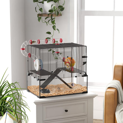 Gerbil and Dwarf Hamster Cage with Deep Glass Bottom, Tunnels, Exercise Wheel 60x40x57cm - Black
