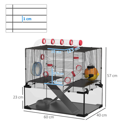Gerbil and Dwarf Hamster Cage with Deep Glass Bottom, Tunnels, Exercise Wheel 60x40x57cm - Black
