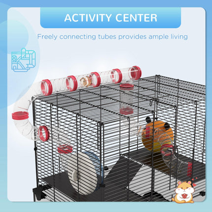 Gerbil and Dwarf Hamster Cage with Deep Glass Bottom, Tunnels, Exercise Wheel 60x40x57cm - Black