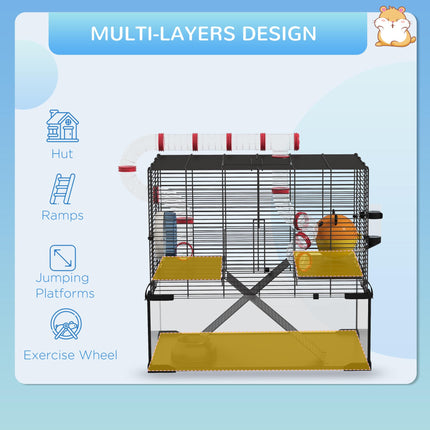 Gerbil and Dwarf Hamster Cage with Deep Glass Bottom, Tunnels, Exercise Wheel 60x40x57cm - Black