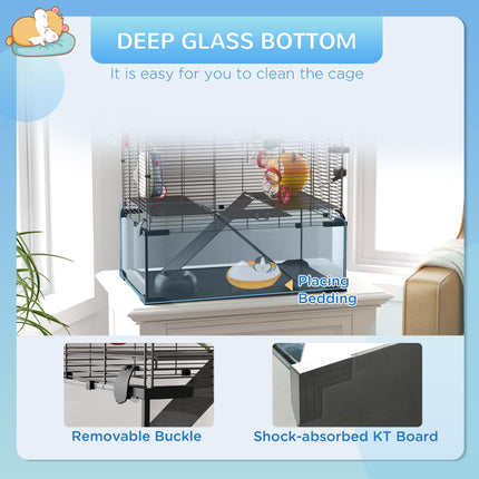 Gerbil and Dwarf Hamster Cage with Deep Glass Bottom, Tunnels, Exercise Wheel 60x40x57cm - Black