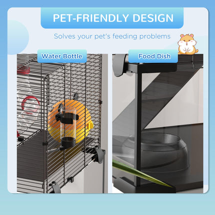 Gerbil and Dwarf Hamster Cage with Deep Glass Bottom, Tunnels, Exercise Wheel 60x40x57cm - Black