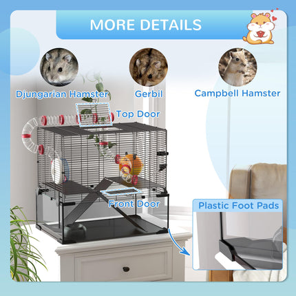 Gerbil and Dwarf Hamster Cage with Deep Glass Bottom, Tunnels, Exercise Wheel 60x40x57cm - Black
